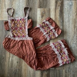 Anthropologie Rust Embroidered Jumpsuit